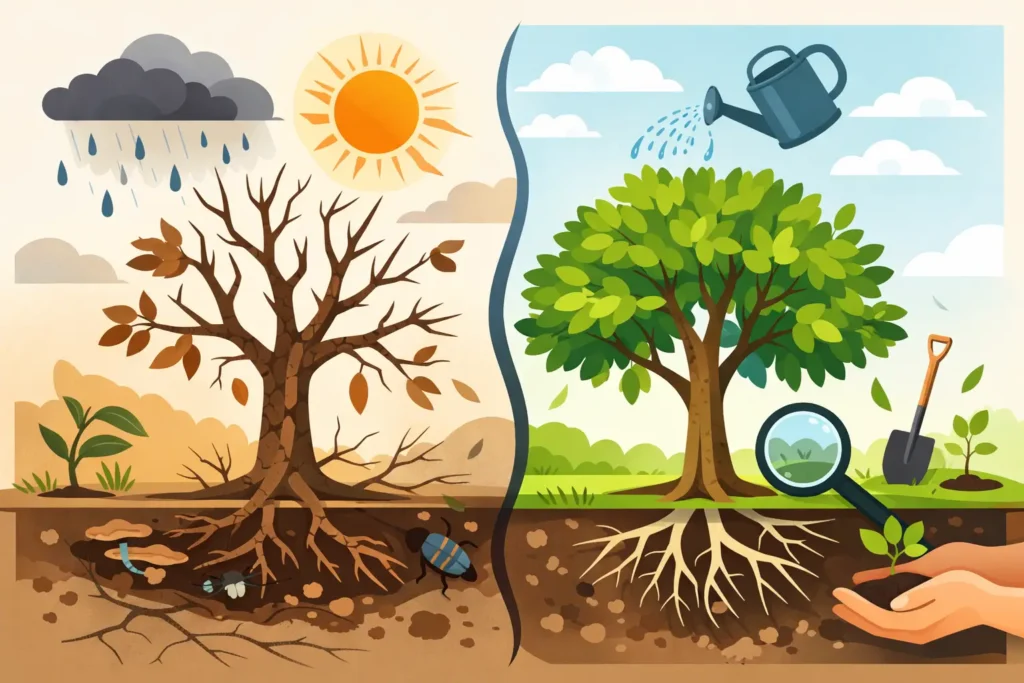 Causes du dépérissement d’un arbre et solutions