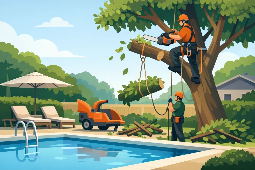 Élagage d’arbres près d’une piscine en sécurité